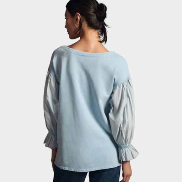 Anthropologie Pilcro Mixed Media Oversized Pullover Top Blue Balloon Sleeve Sz S - Picture 5 of 14